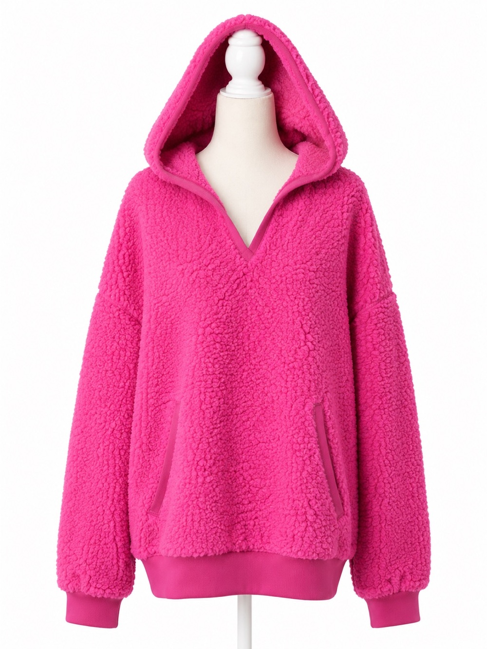 PINK Victoria’s Secret Sherpa Hoodie Pullover Fleece Hot Pink Kangaroo Pocket L